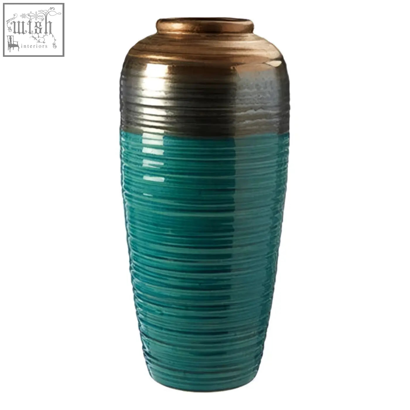 Capri large ribbed ceramic vase with a teal lower half and a metallic copper top in a tall slender design