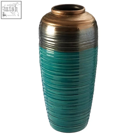 Capri large ribbed ceramic vase with a textured teal ceramic body and metallic gold rim for home decor