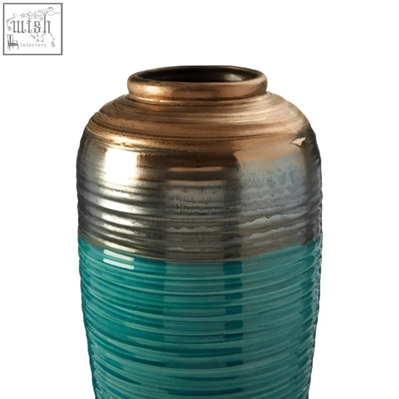 Capri large ribbed ceramic vase with metallic gold rim and teal lower half perfect for stylish home decor