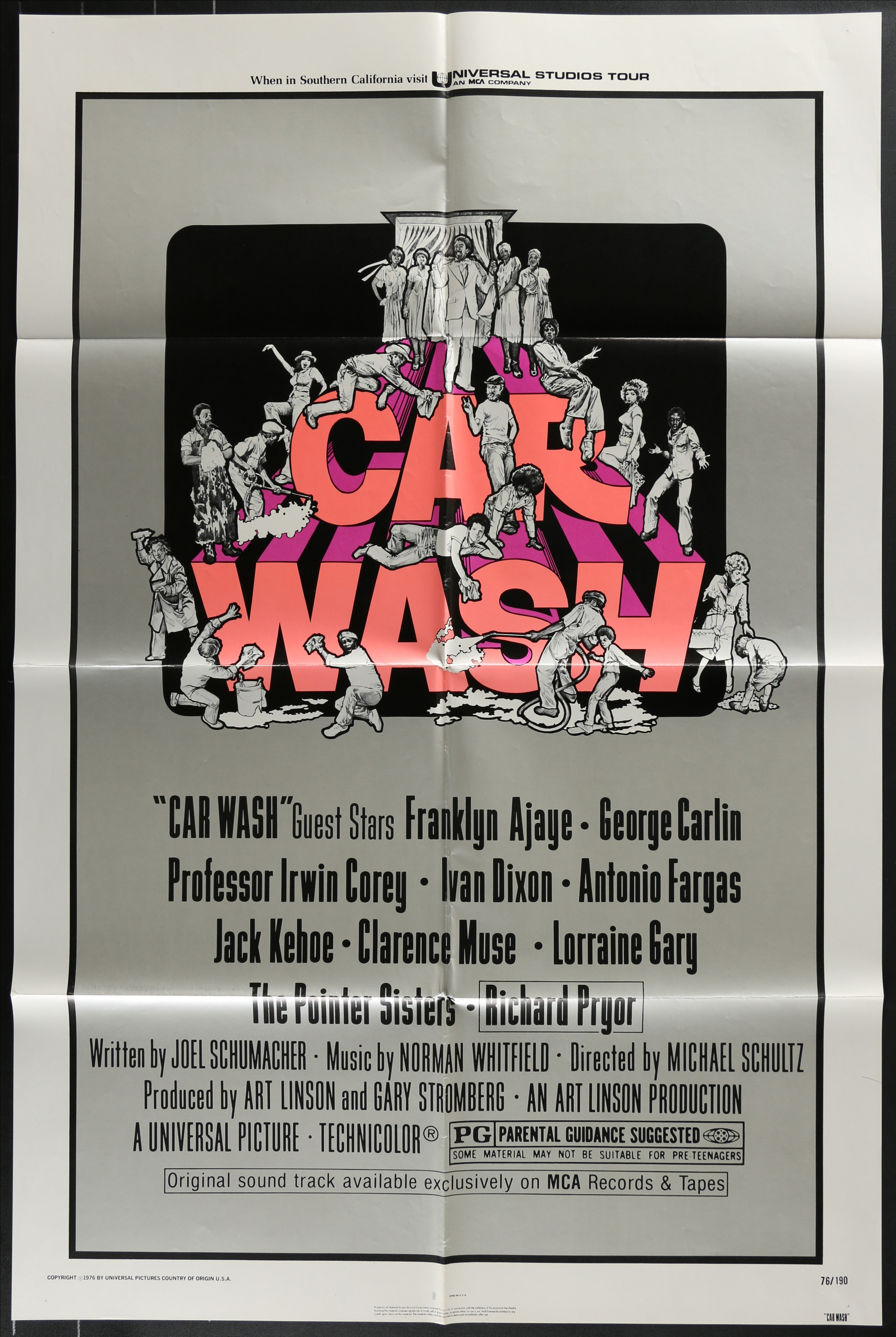 Black-and-white illustrated movie poster for car wash 1976 with bold red and pink lettering original us one sheet