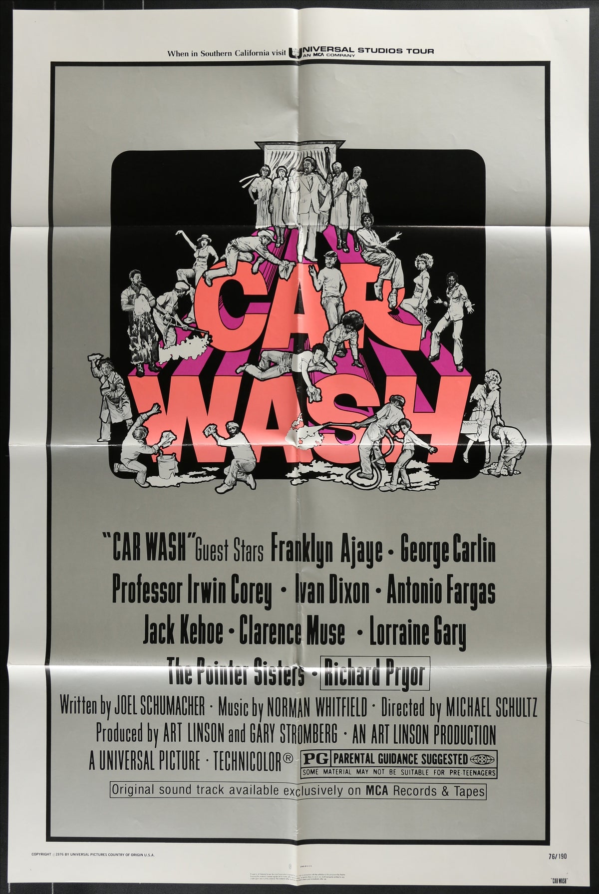Black-and-white illustrated movie poster for car wash 1976 with bold red and pink lettering original us one sheet