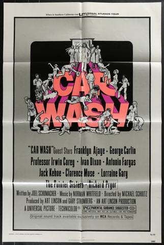 Black-and-white illustrated movie poster for car wash 1976 with bold red and pink lettering original us one sheet