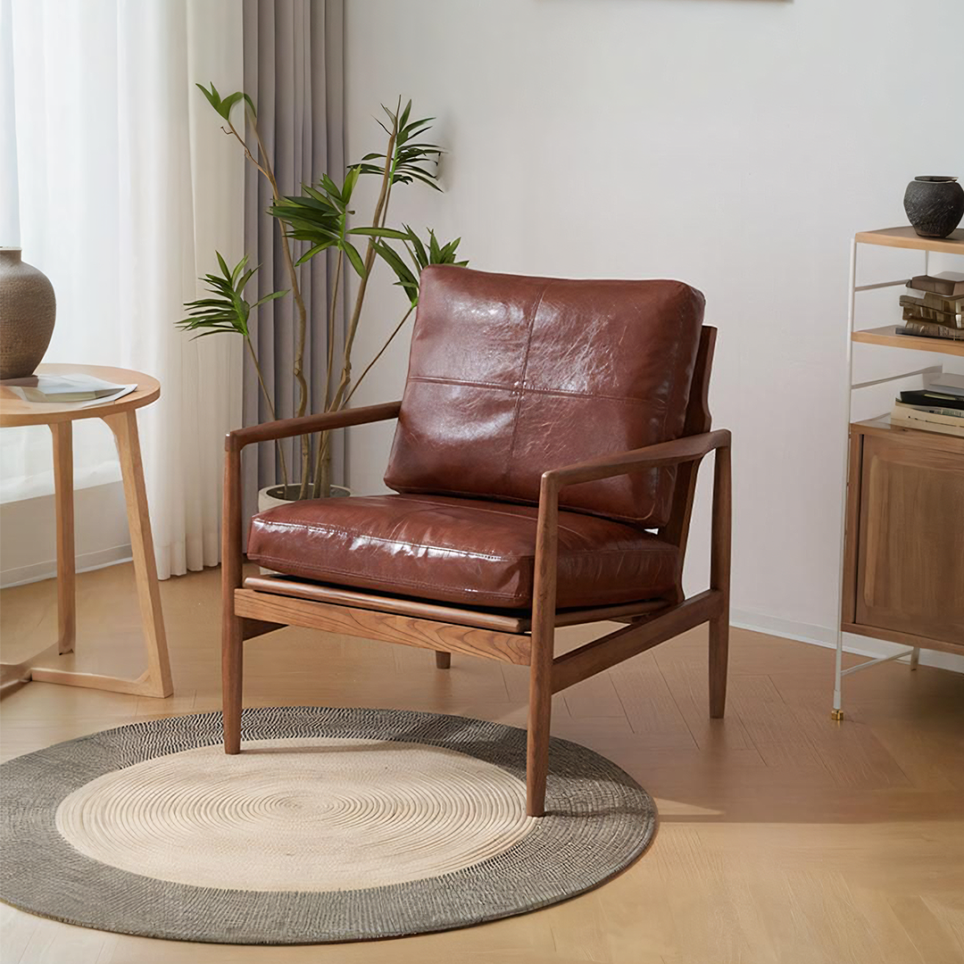 Brown leather armchair with wooden frame cara bw002 armchair perfect for stylish living spaces