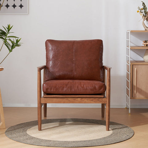 Brown leather armchair with wooden frame cara bw002 armchair perfect for cozy living spaces