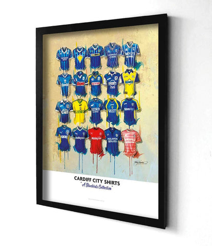 Framed limited edition cardiff city fc shirts print featuring a colorful collection of signed football shirt designs