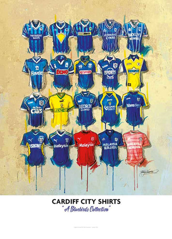 A vibrant grid of cardiff city limited edition signed prints featuring blue yellow home and red away football shirts