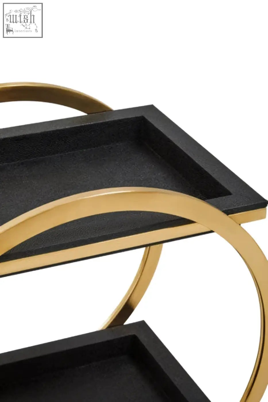 Black textured tray on cardoba two tier black faux shagreen serving trolley with gold toned circular metal frame