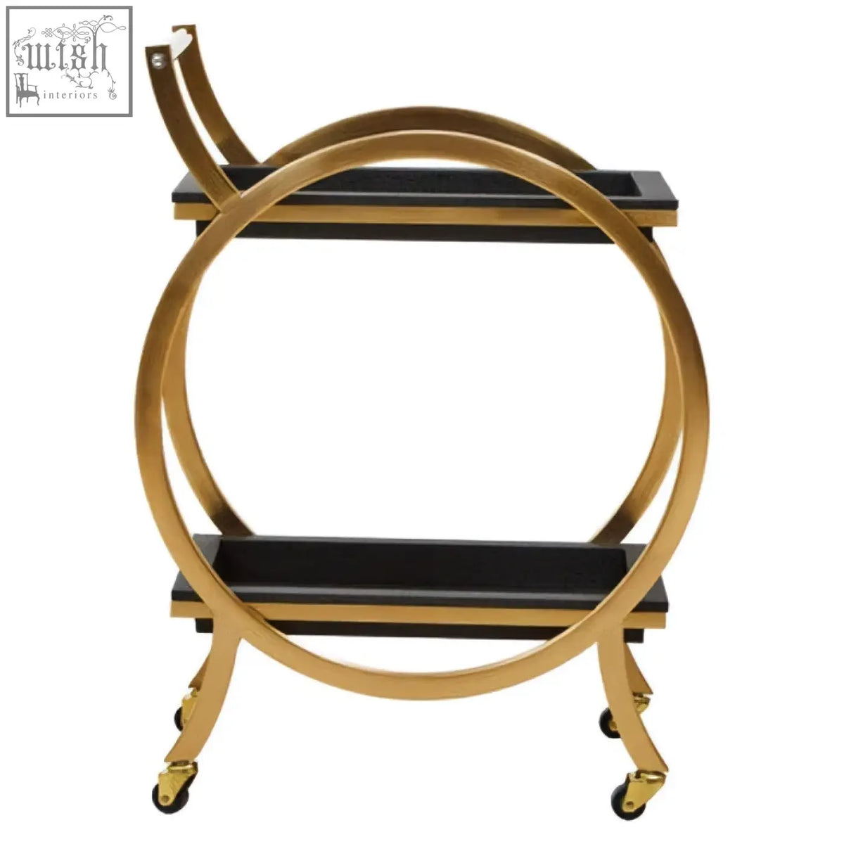 Gold finished serving trolley with two tier black faux shagreen glass shelves and caster wheels for easy mobility