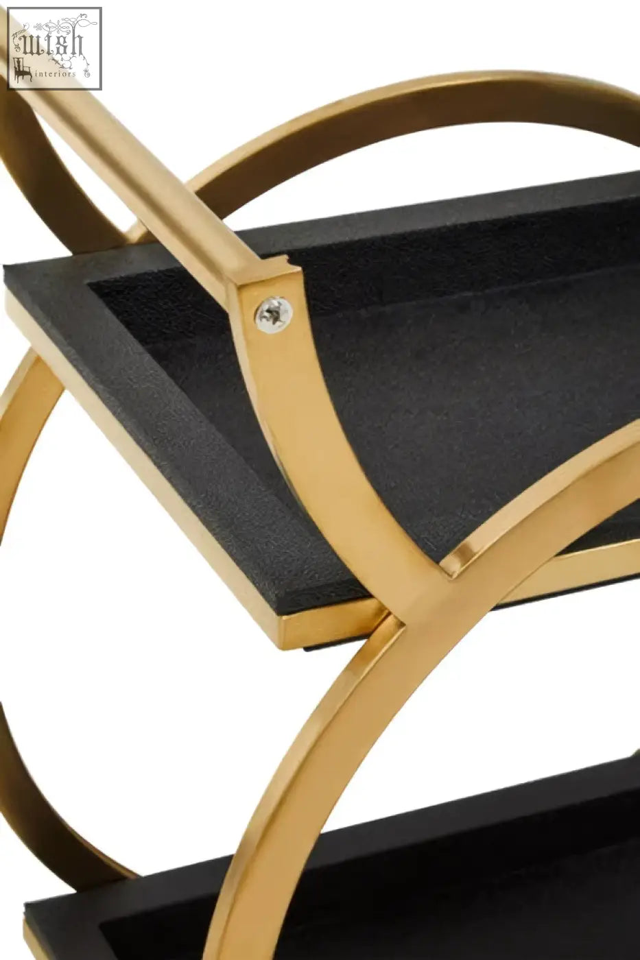 Gold-toned metal frame serving trolley with two tier black faux shagreen textured shelves for stylish serving