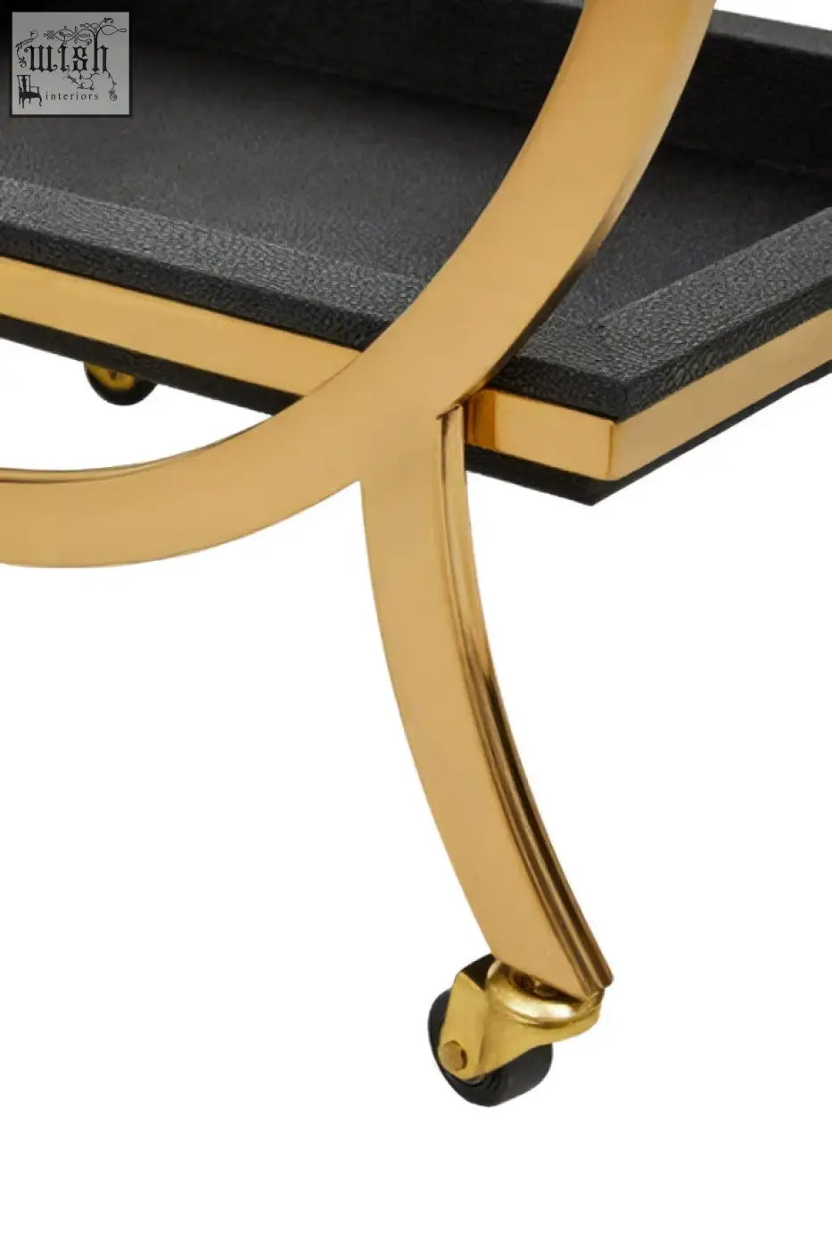 Cardoba two tier black faux shagreen serving trolley with gold finished metal frame and matching gold trimmed edges