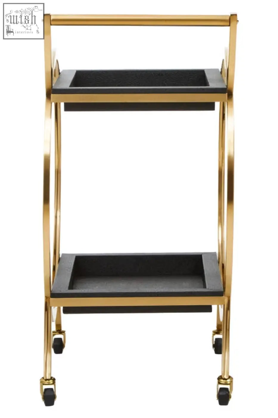 Gold finished metal serving trolley with two tier black faux shagreen trays and caster wheels for easy mobility