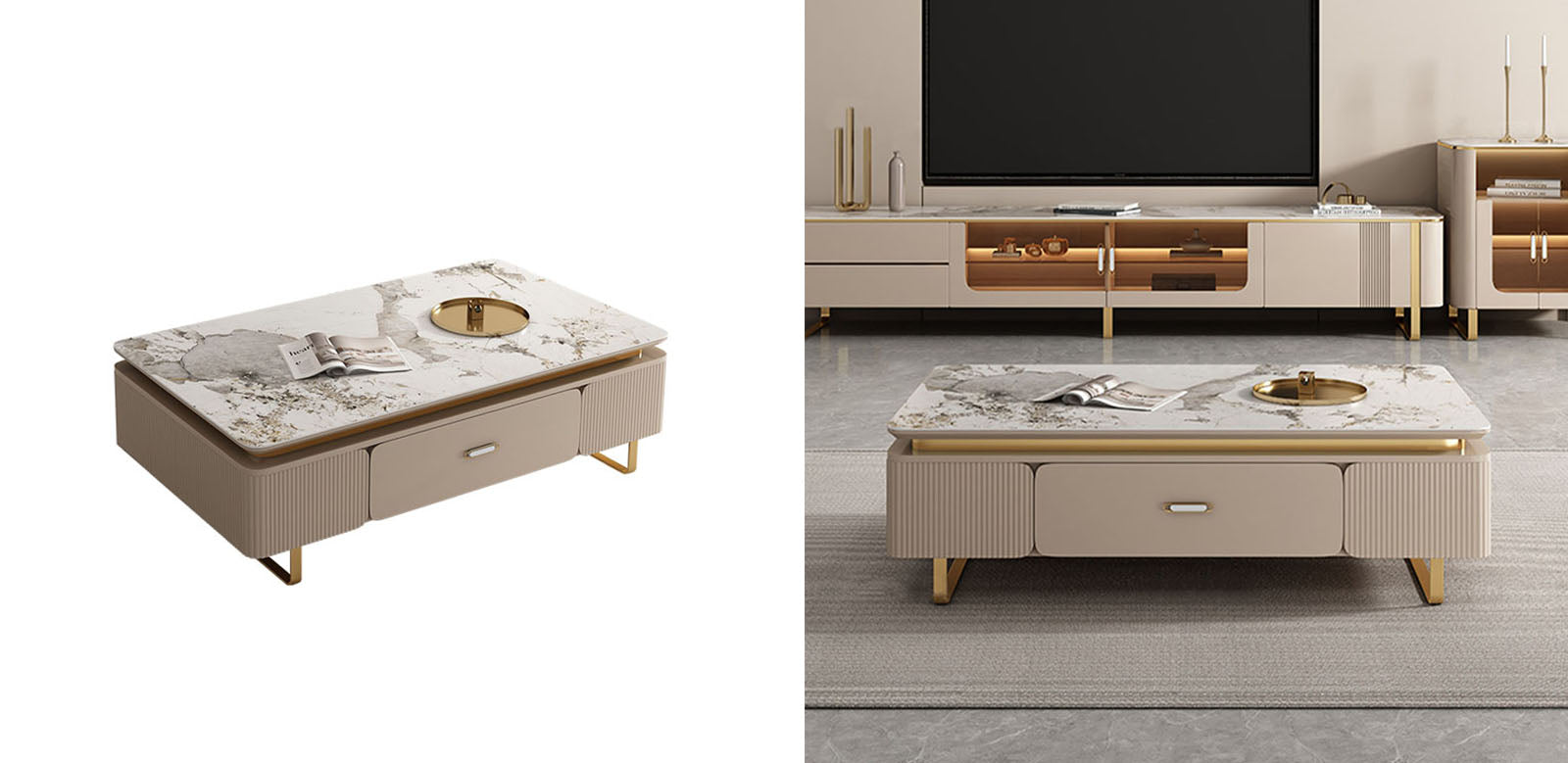 Beige carl rectangle coffee table with marble top gray floral patterns and gold legs in carl living room set
