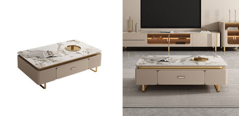 Beige carl rectangle coffee table with marble top gray floral patterns and gold legs in carl living room set
