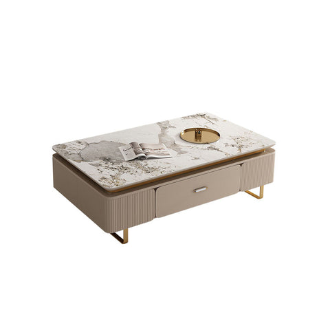 Modern beige carl rectangle coffee table with white gray marble top and gold legs from carl living room set