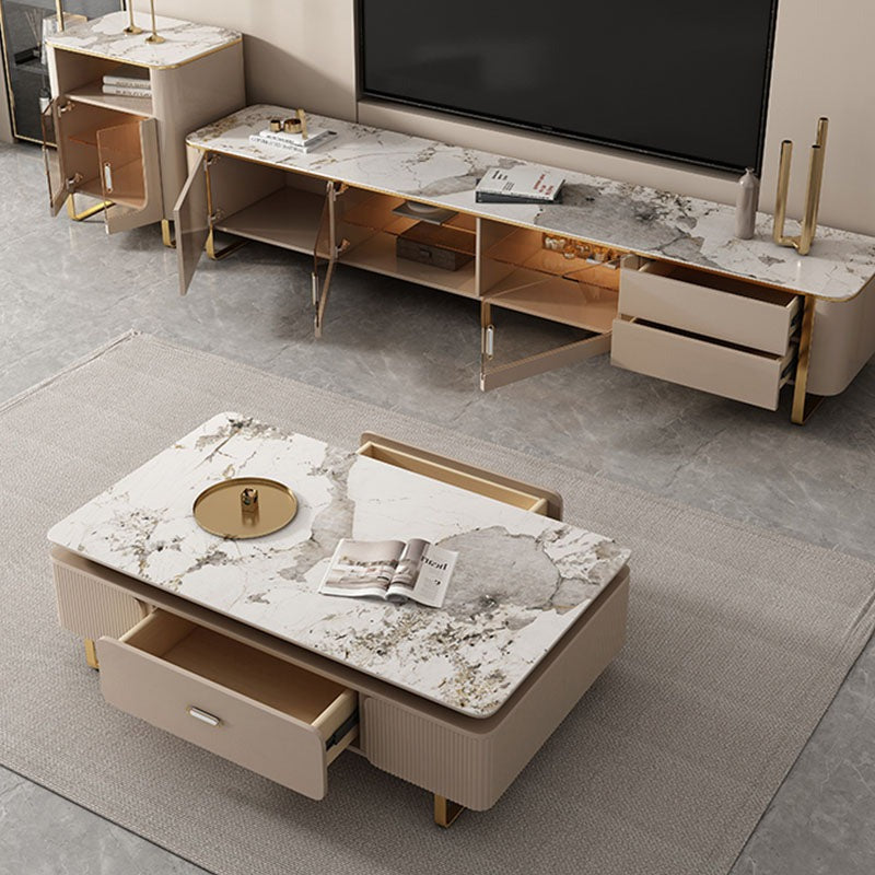 Modern carl rectangle coffee table with marble top beige sides and gold legs from carl living room set