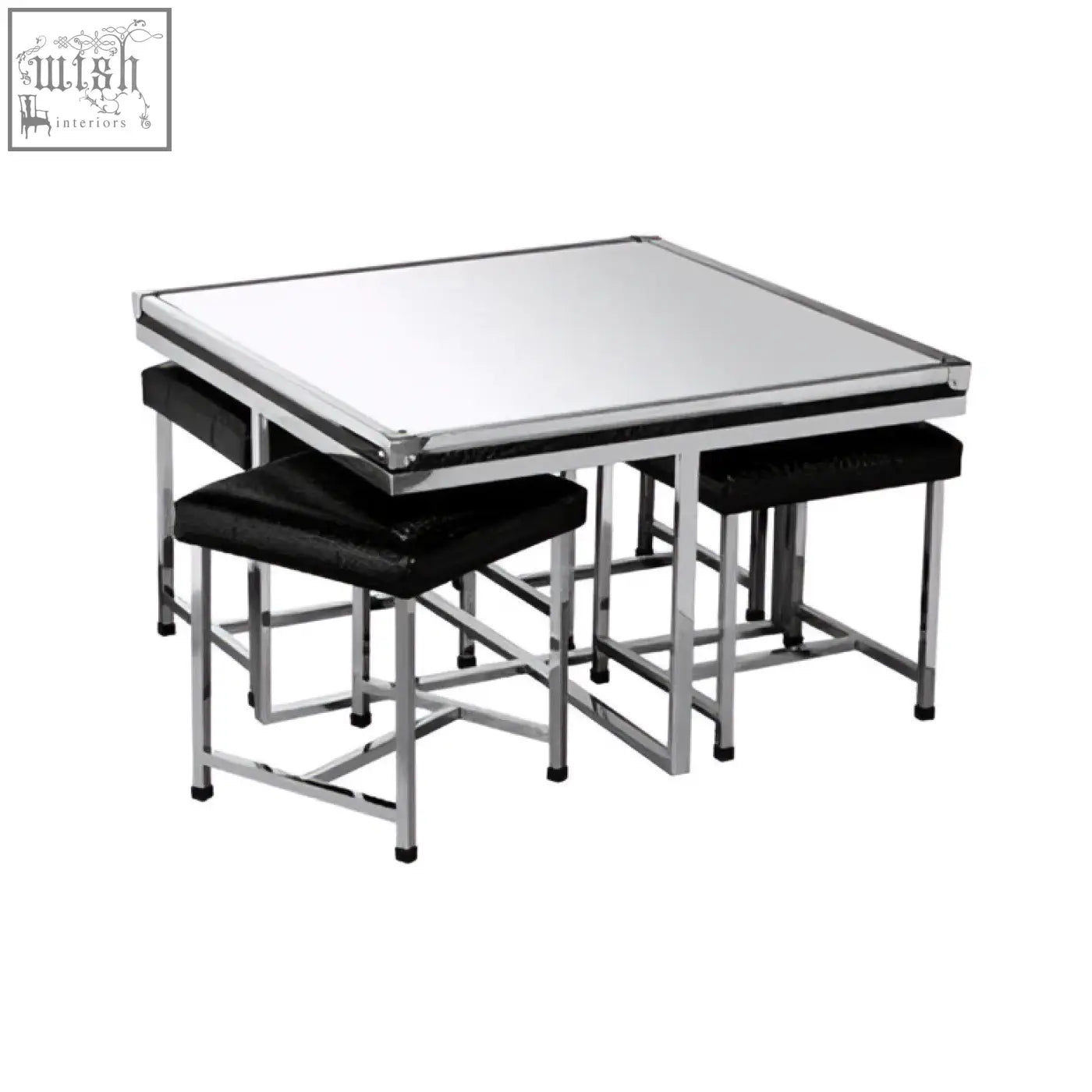 Silver-framed mirrored coffee table with black crocodile leather effect stools from the Carla 5 piece set