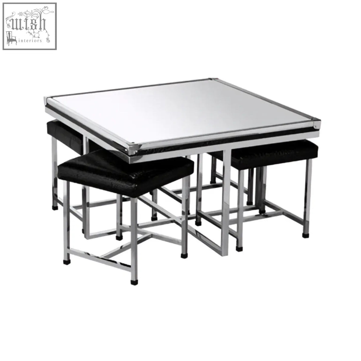 Silver-framed mirrored coffee table with black crocodile leather effect stools from the Carla 5 piece set