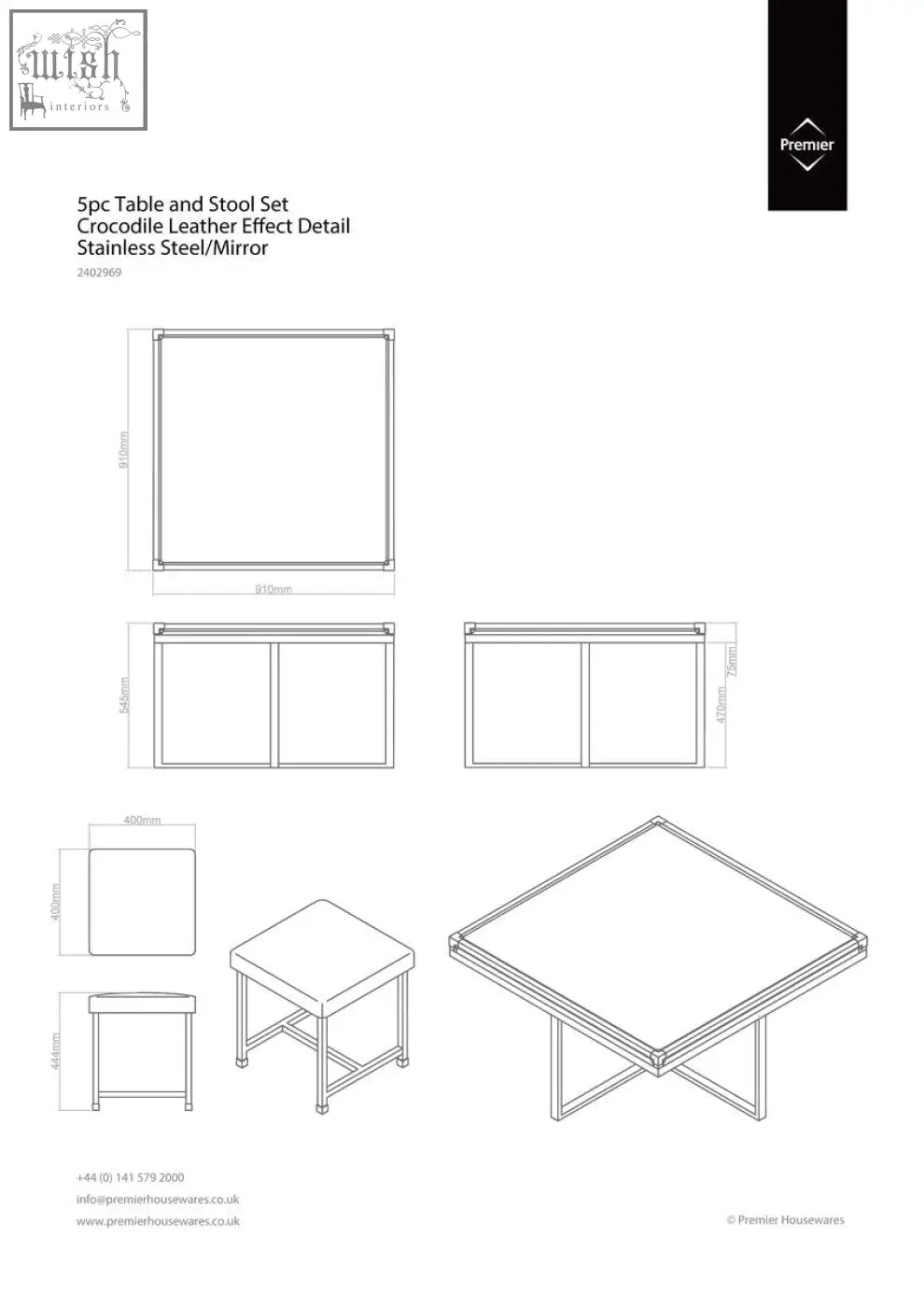 Stainless steel table and stool set with crocodile leather effect detail and mirror top for stylish coffee breaks
