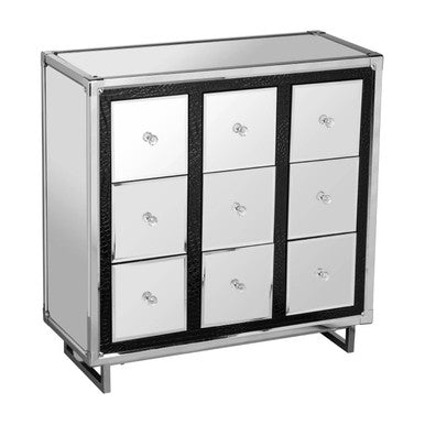 Silver mirrored cabinet with nine drawers framed in black and crocodile leather effect with chrome hardware
