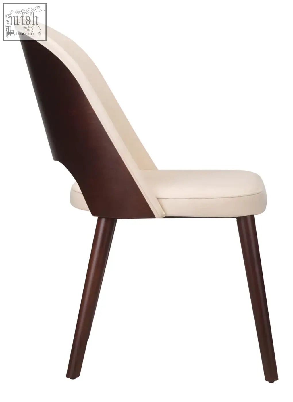 Cream-colored carley dining chair with solid beech wood frame and tapered legs in dark beech wood finish