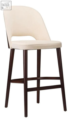 Cream-colored carley tall stool with solid beech frame, dark wood legs, and high density foam cushioning for comfort