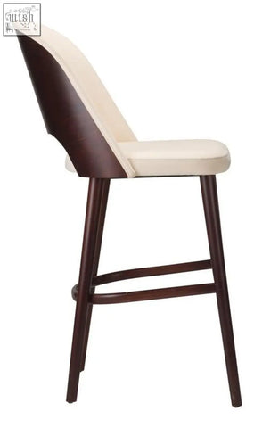 Cream-colored carley tall stool with solid beech frame dark wood curved legs and high density foam seat