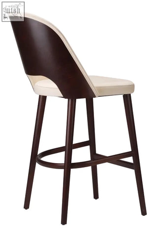 Dark wood carley tall stool with cream upholstered seat and backrest featuring solid beech frame and high density foam