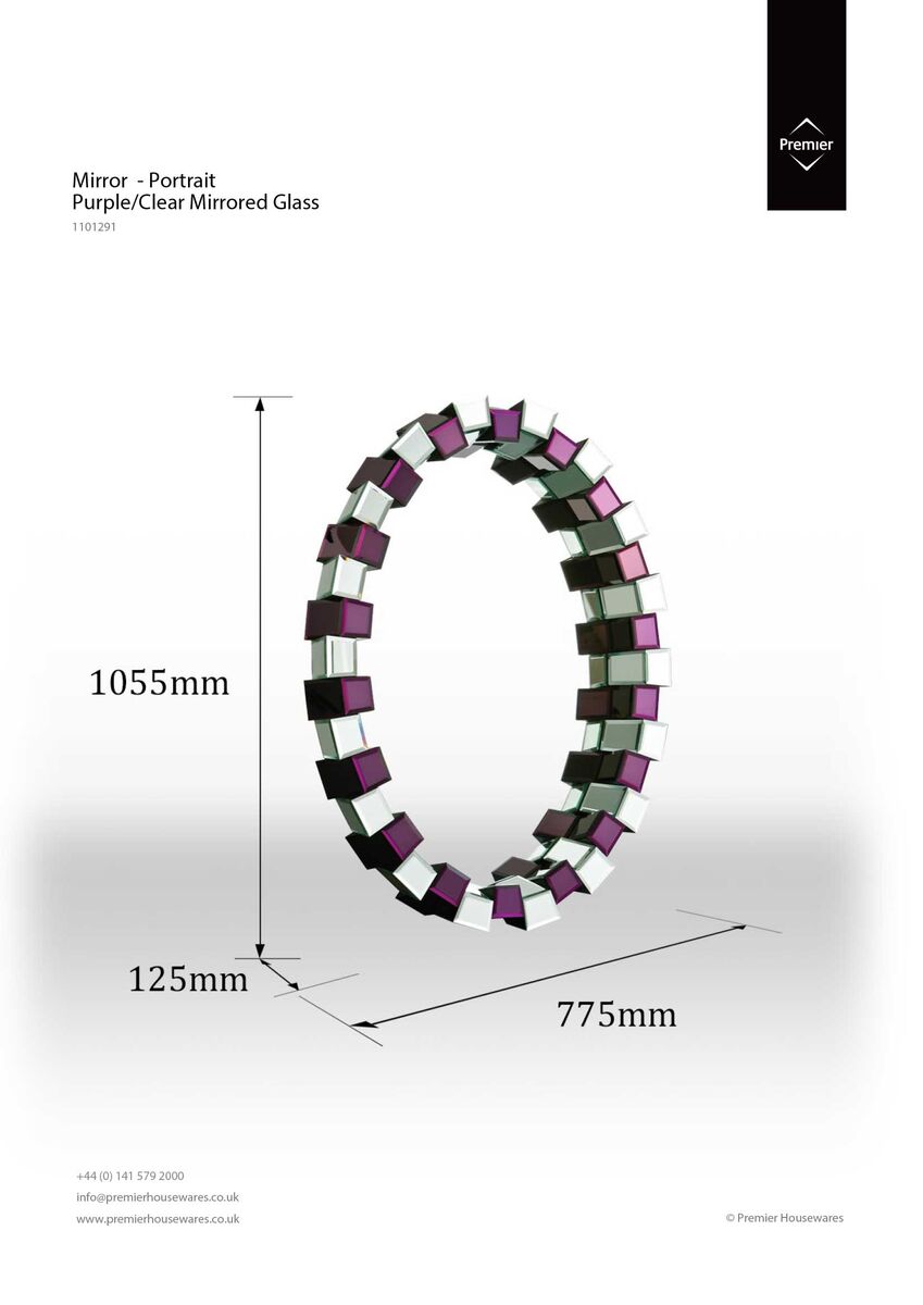 Carlotta purple mirrored glass wall mirror with circular frame of alternating purple and clear glass cubes for décor