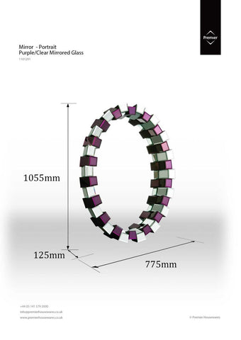 Carlotta purple mirrored glass wall mirror with circular frame of alternating purple and clear glass cubes for décor