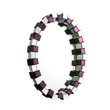 The Carlotta purple mirrored glass wall mirror has a circular frame with black white and purple glass cubes