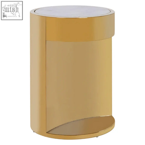 Carlox gold and marble effect round side table with a gold finish, white top, and mirrored base in marble effect style
