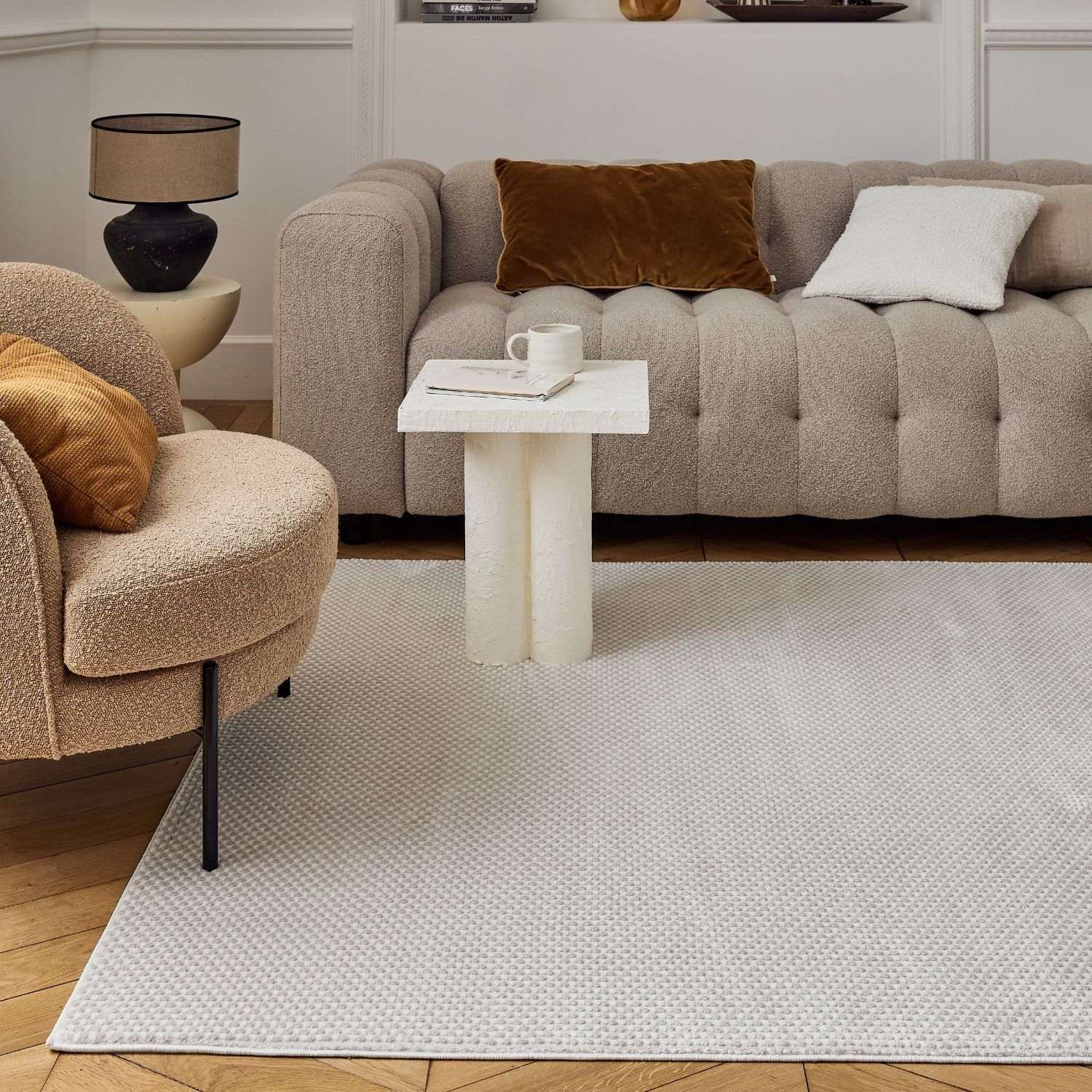 Beige textured carmel cream-beige dots rug with subtle woven pattern perfect for cozy floor decor