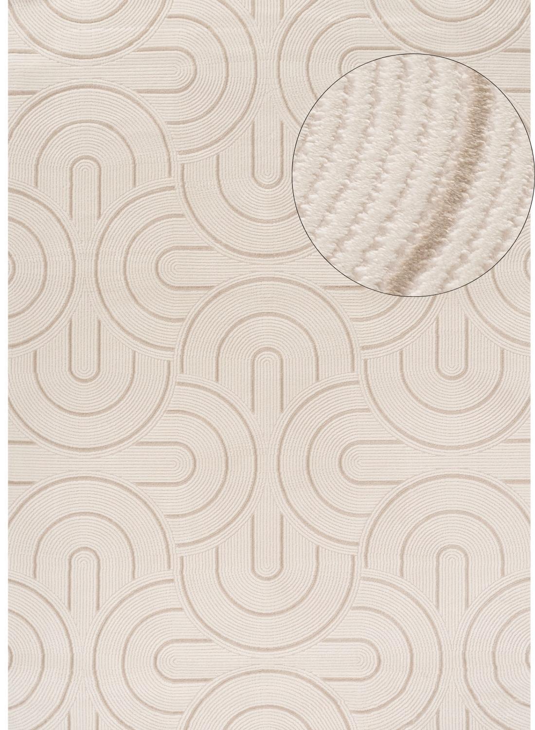 Beige geometric rug carmel cream featuring a textured wallpaper look with interlocking curved arches pattern