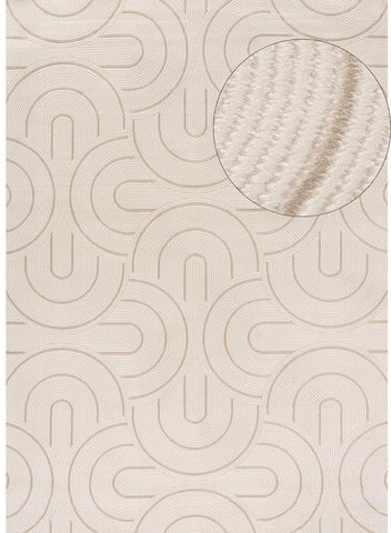 Beige geometric rug carmel cream featuring a textured wallpaper look with interlocking curved arches pattern