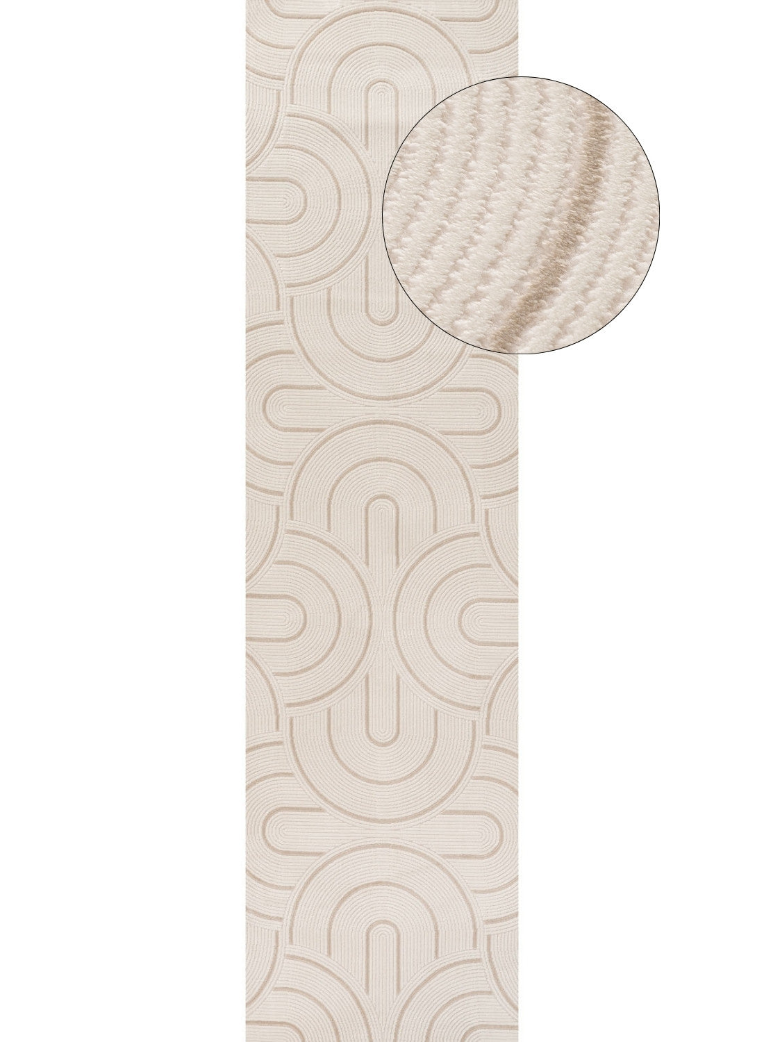 Carmel cream-beige geometric rug with beige geometric textured wallpaper pattern of interlocking curved arches
