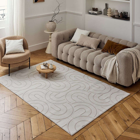 Light gray beige geometric rug with subtle concentric curved lines ideal for modern living spaces