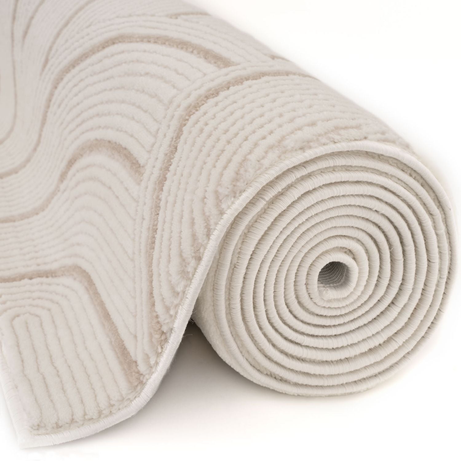 Beige geometric plush bath mat with wavy textured pattern from carmel cream geometric rug 6070 collection