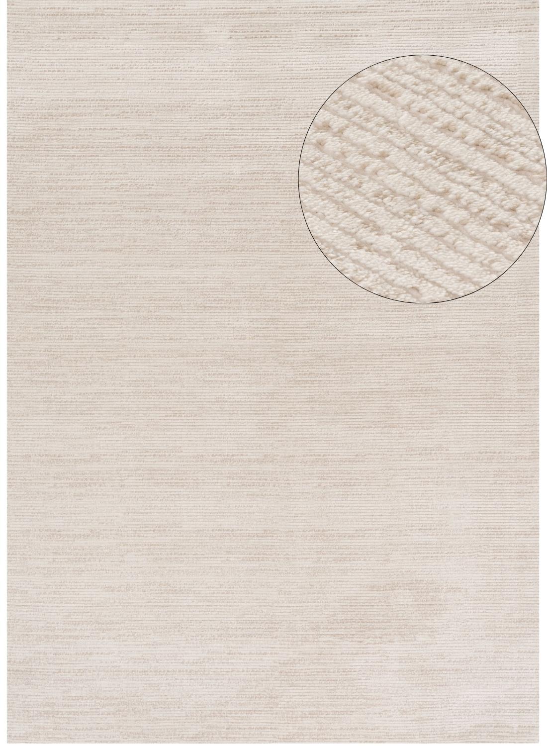 Beige cream-beige striped rug with subtle horizontal ribbing and plush woven fiber detail, perfect for cozy spaces