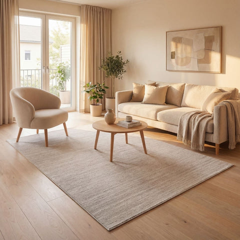 Beige textured striped rug with subtle woven pattern placed on light wood flooring perfect for cozy spaces