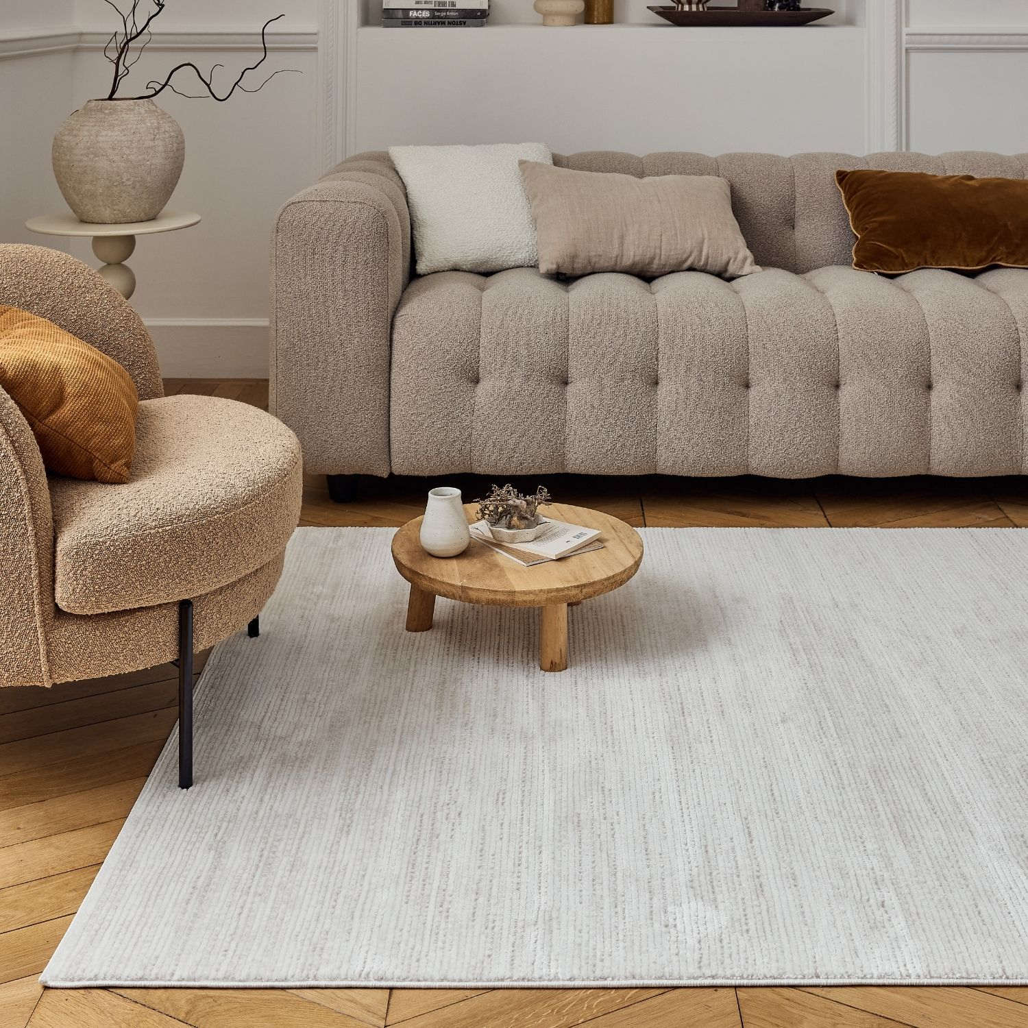 Carmel cream-beige striped rug with beige textured area and soft plush finish perfect for cozy spaces