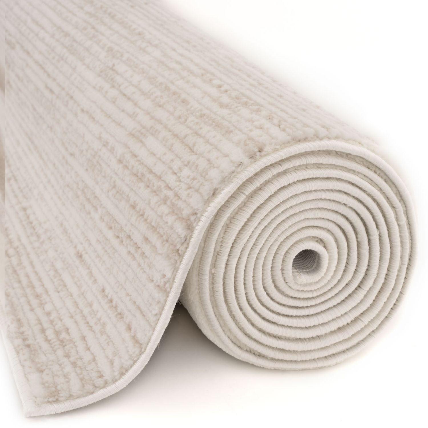 Beige textured striped rug with ribbed pattern and soft plush surface perfect for cozy home spaces