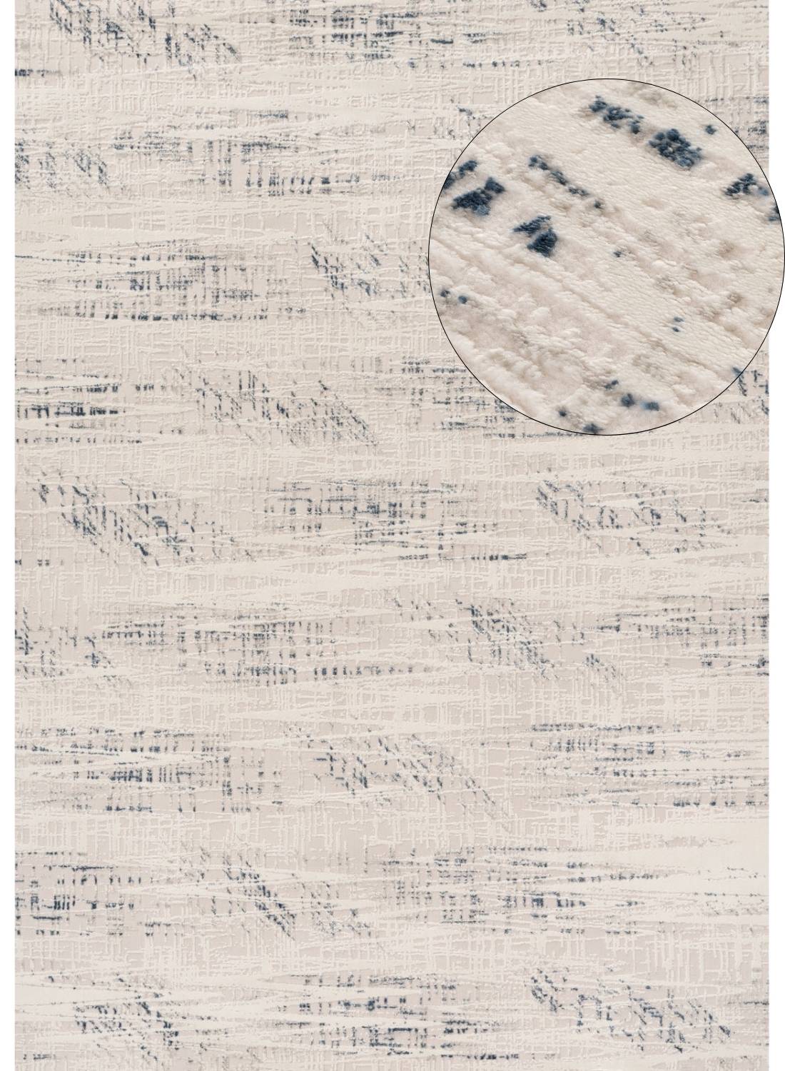 Beige and navy blue textured abstract rug with a woven distressed pattern perfect for cozy living spaces