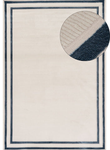 Cream-colored bordered rug with navy blue trim and textured ribbed weave perfect for cozy spaces