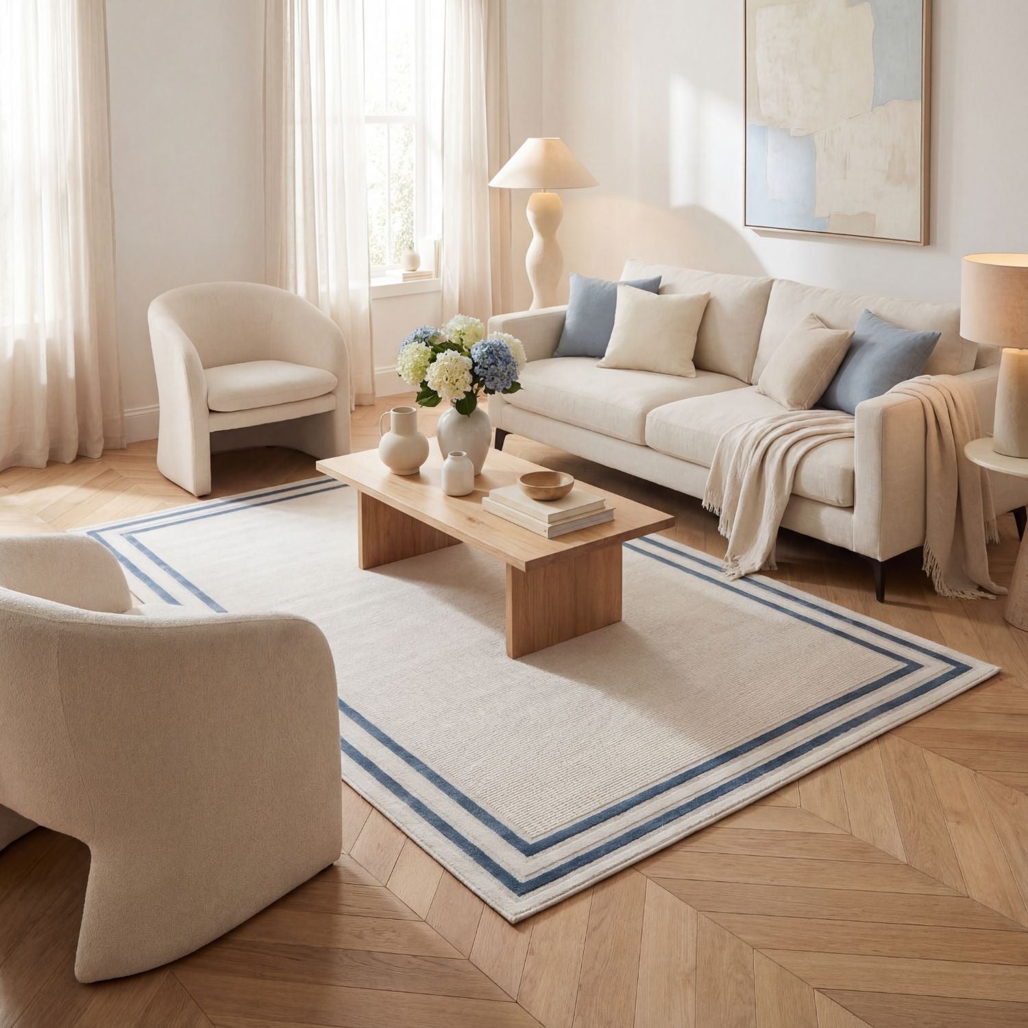 Beige rectangular bordered rug with double blue border and textured weave perfect for living rooms