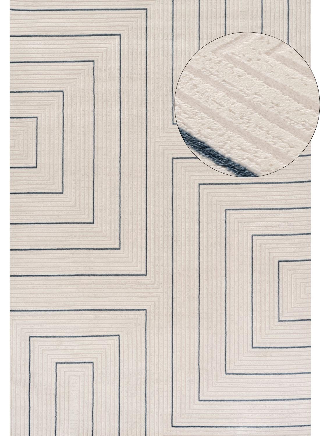 Beige geometric rug with navy blue square patterns and textured woven surface carmel cream-blue geometric rug 6040