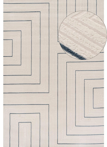 Beige geometric rug with navy blue square patterns and textured woven surface carmel cream-blue geometric rug 6040