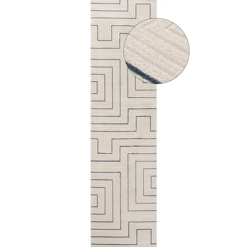 Carmel Cream-Blue Geometric Rug | 6040 - 80X300 cm - Rugs