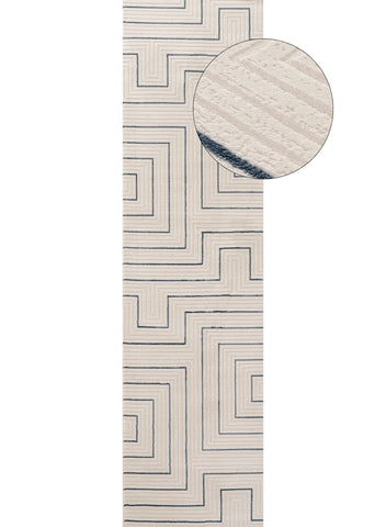 Beige and navy textured woven geometric rug featuring a cream-blue geometric pattern perfect for runners