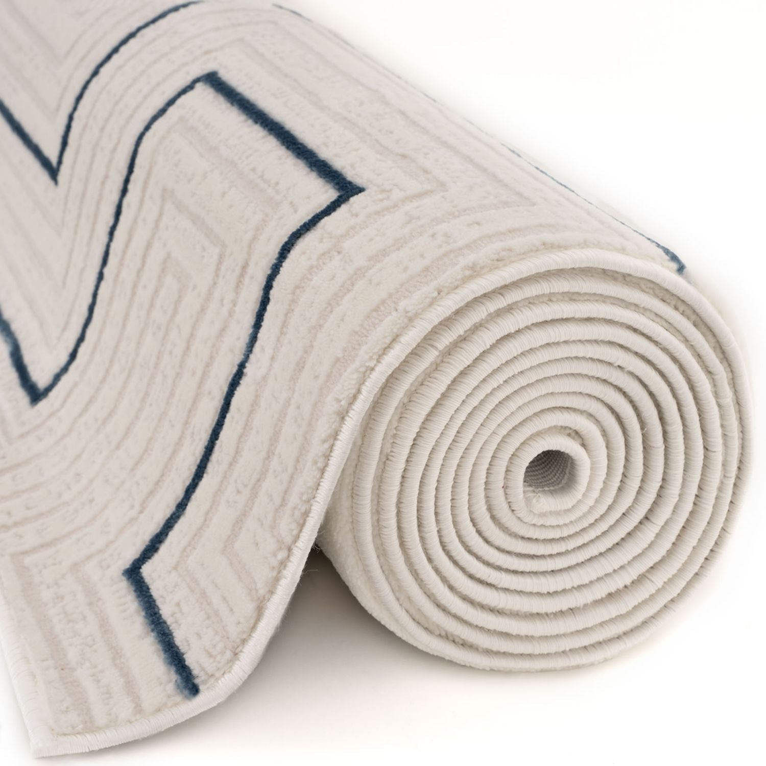 A rolled beige geometric rug with navy blue outlines perfect for adding style in any room blue geometric design