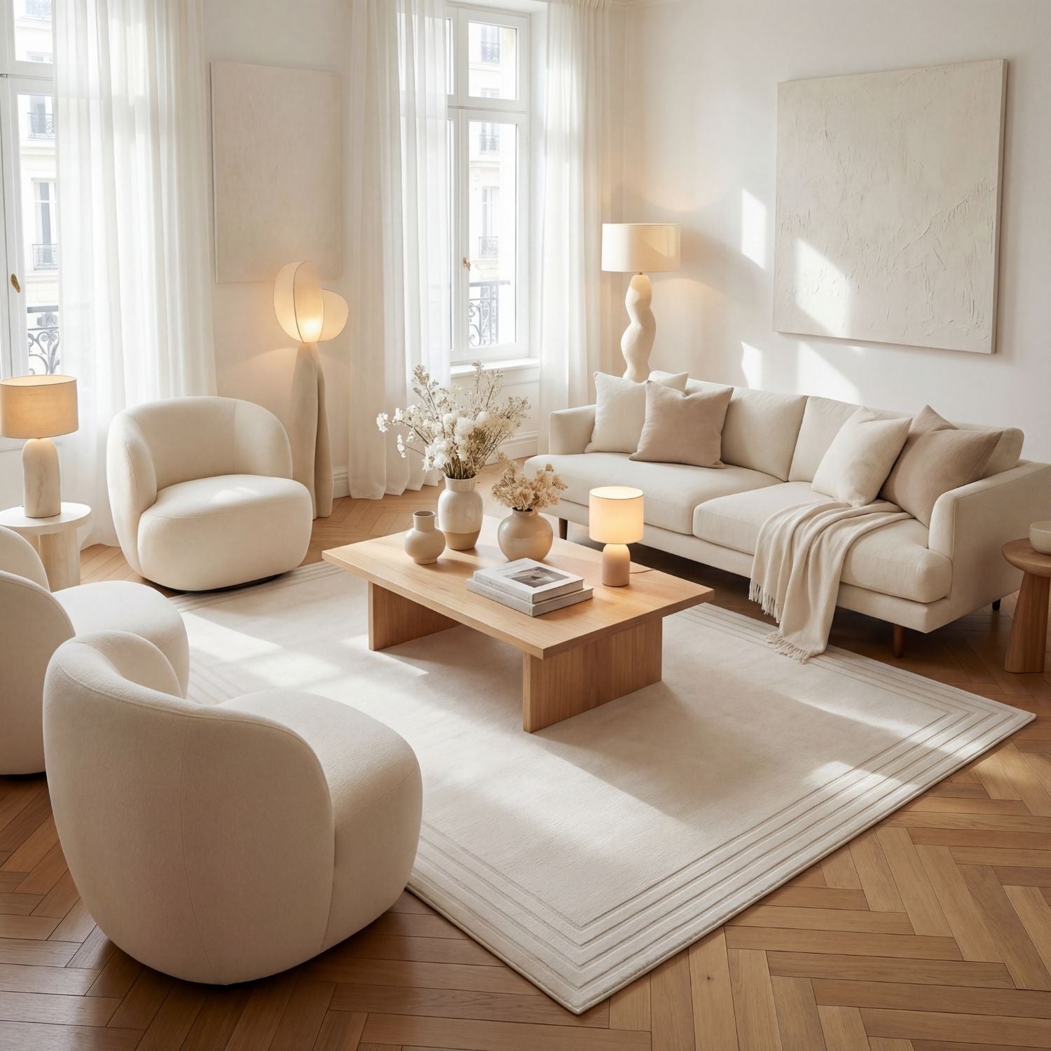 Cream-colored upholstered sectional sofa with soft arms paired with carmel cream bordered rug and neutral throw blanket